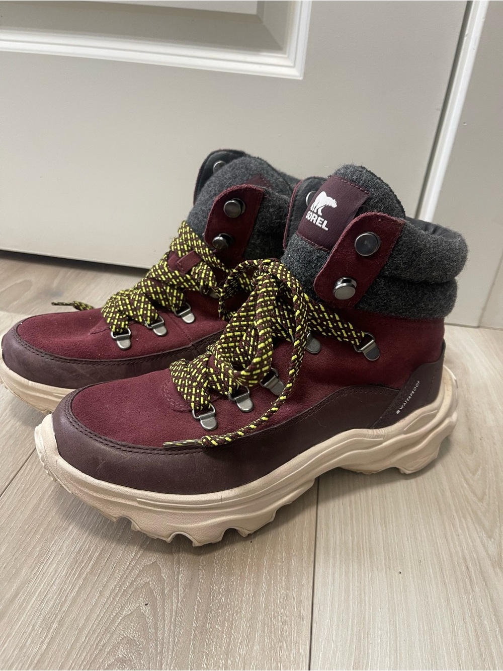 Sorel Women's Burgundy and Gray Lace-Up Hiking Boot with Cream Sole
